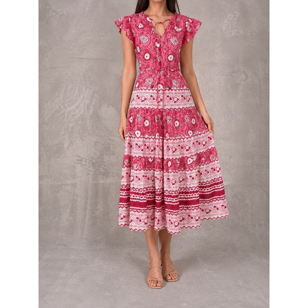 Oliphant Cinched Flirty Midi Dress Womens Small Red Floral Ruffle Boho Tie Waist